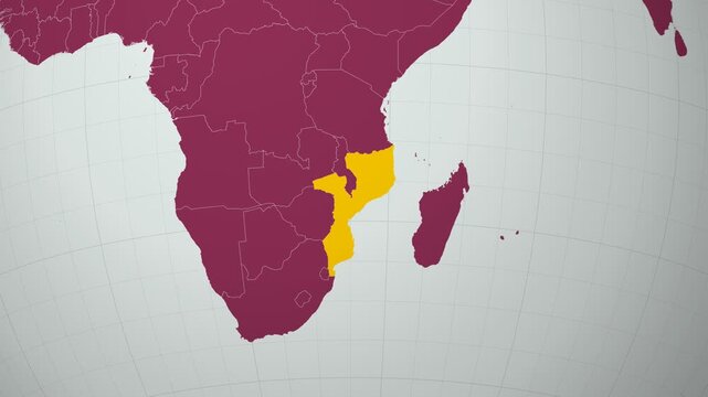 Mozambique map. Animated zoom into the country on the Globe in Pale Mint Dark Pink color palette. Country logo animation with round text and airplanes. Map with meridians, parallels. Neat video.