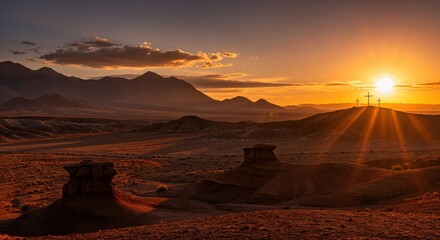 Three Crosses on a Hill in Desert Landscape at Sunset for Good Friday and Easter