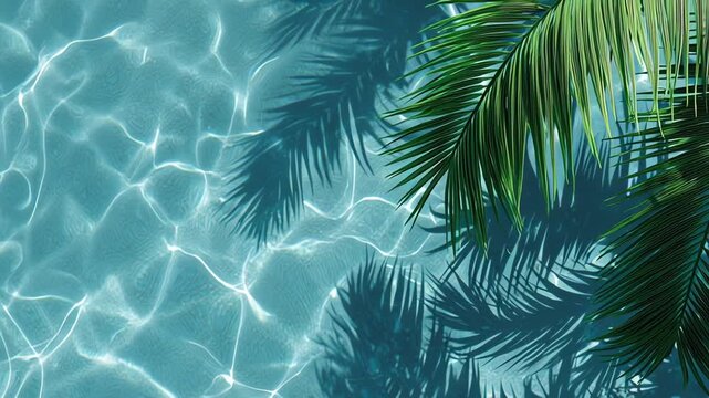 Palm tree fronds casting shadows on the rippling surface of a clear blue swimming pool.