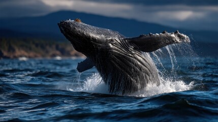 Naklejka premium A humpback whale breaching above the ocean surface on a sky background