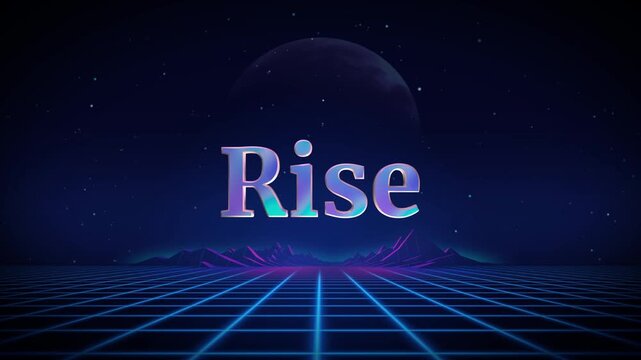 Retro futuristic animation with 'rise' text neon grid and futuristic landscape 4k video footage