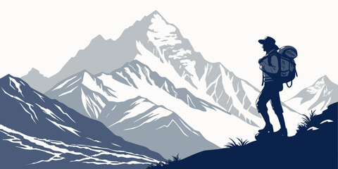 A hiker with a backpack stands on a mountain ridge overlooking a snow-covered peak © Mamun