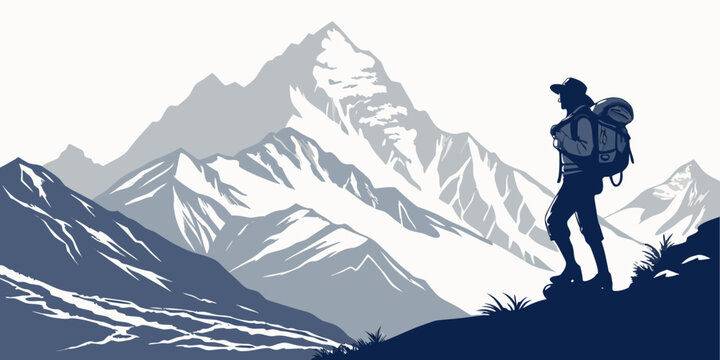 A hiker with a backpack stands on a mountain ridge overlooking a snow-covered peak