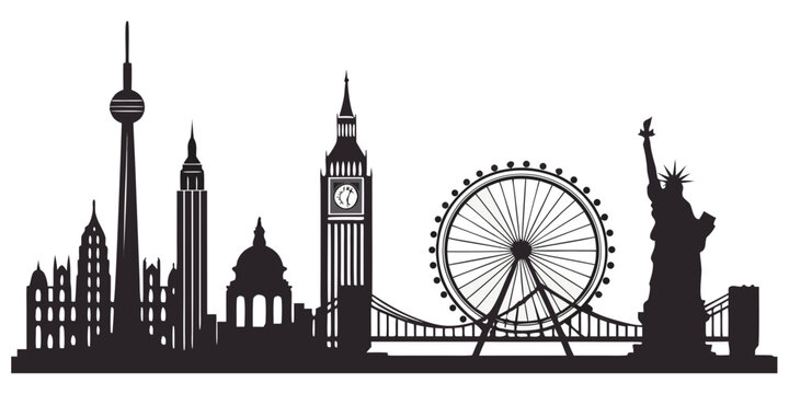 Iconic landmarks from around the world in a single silhouette illustration