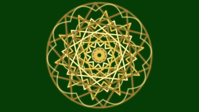 A mesmerizing animation featuring royal gold mandala pattern. This footage shows the design evolving in a hypnotic cycle, with a complex 10-point star symmetry. Perfect for uses such as Islamic event 