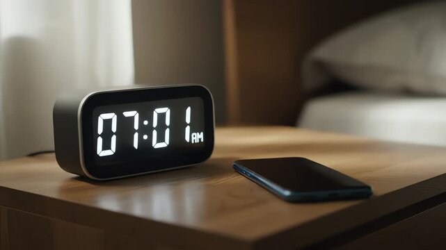 A black digital alarm clock showing 07:01 on a wooden bedside table next to a smartphone with a blurred bed and window in the background with soft natural light.