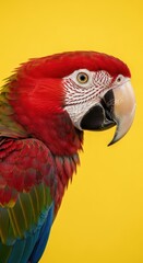 Obraz premium Close-up of a vibrant scarlet macaw against a yellow background.