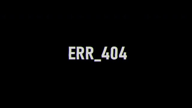 Digital glitch text animation featuring Error 404 typography with RGB split distortion and cyberpunk style effect. Futuristic digital error screen with chromatic aberration on dark background