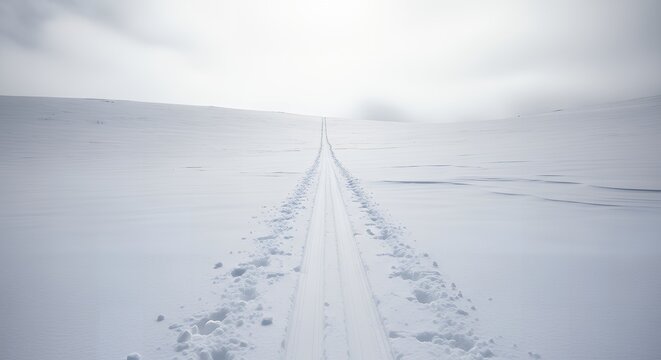 Cross country ski trail extending into the distance across a desolate snowy plateau or mountain landscape leading towards the horizon under a bright cloudy atmosphere