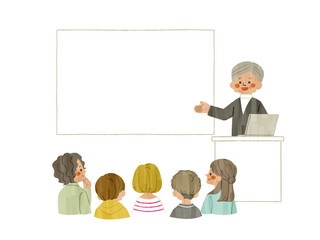 スクリーンやホワイトボードを使って説明をする男性-ガッシュ