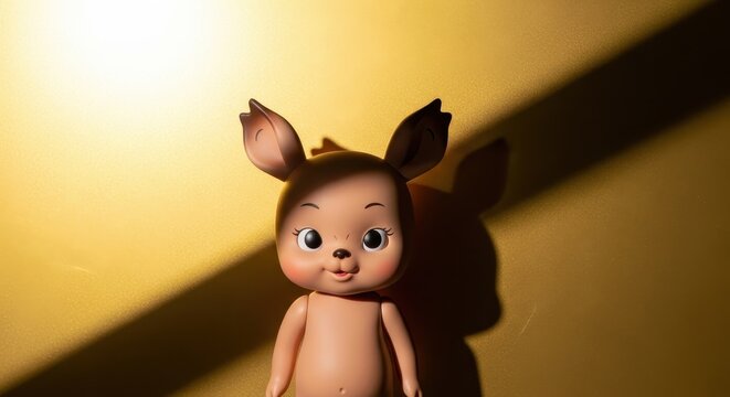 Close-up of a whimsical deer-like doll against a yellow background.