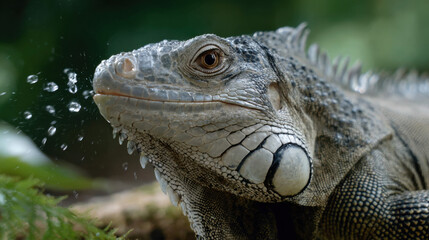Fototapeta premium Macro iguana reptile lizard closeup water droplet head skin texture wildlife nature green background calm expression macro iguana reptile lizard closeup water droplet head skin texture wildlife