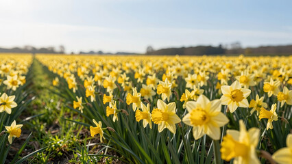 Fototapeta premium Vibrant Daffodil Field Landscape with Rows of Yellow Flowers Blooming in Spring