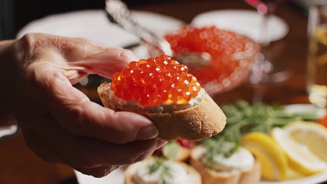 Elderly hand holds red caviar canap&eacute; at dinner party