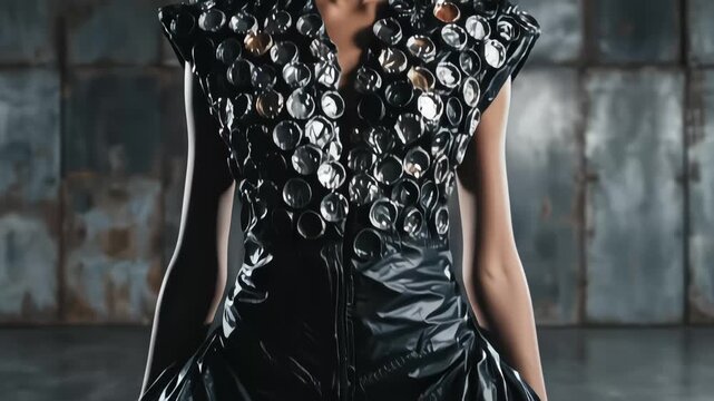 Zoom in on a fashion model wearing an upcycled couture gown made from black plastic trash bags and metallic bottle caps against a rusty industrial wall