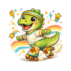 Obraz premium retro roller-skating dinosaur, vintage 80s vibes, funky dino character, neon roller skates, disco aesthetic, pastel sunset background, groovy illustration style, synthwave colors, playful dinosaur art