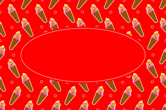 Ice cream seamless pattern frame with blank oval. Summer ice cream pattern frame background. Ice cream pattern frame vector. Fast food ice cream pattern frame design.