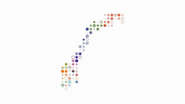 Norway animated country shape. Pulsating colored dots on the map of the country. Large size circle blocks. Digital style Norway map on white background. Plain animation video.