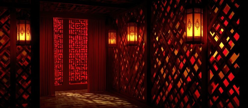 Soft circular shadows projected on warm red wall create a poetic lantern hallway ambience