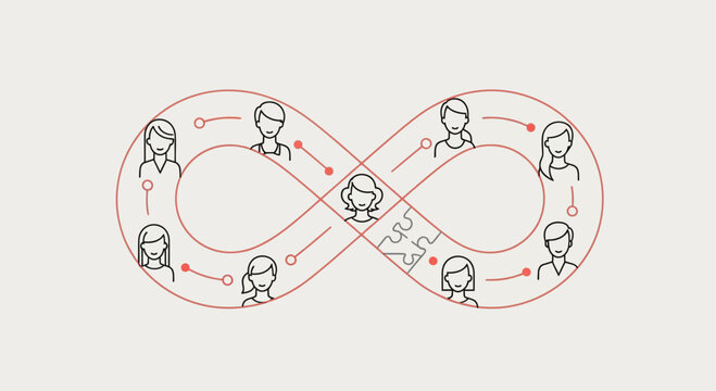 Infinite Loop of People and Puzzle Pieces - Teamwork and Connection