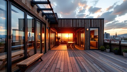 Fototapeta premium Sunset View From Urban Rooftop Terrace with Rustic Charm
