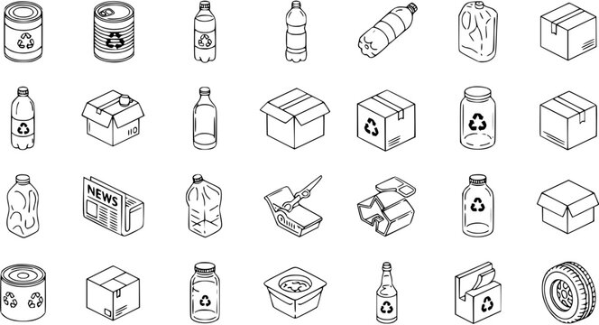 Diverse Recycling  Waste Items Outline Icon Set: Bottles, Cans, Boxes, Paper, Glass, Plastic, and Miscellaneous Objects