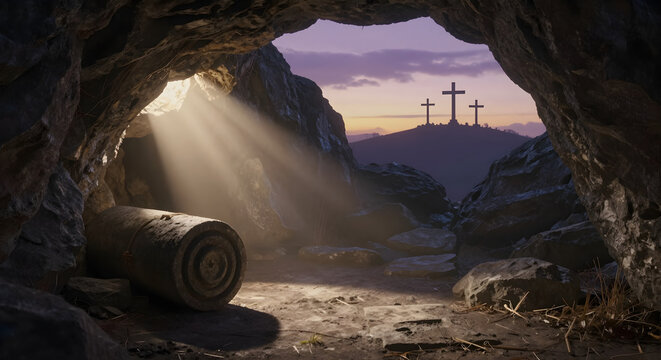 A cross in a cave with a light coming from the top