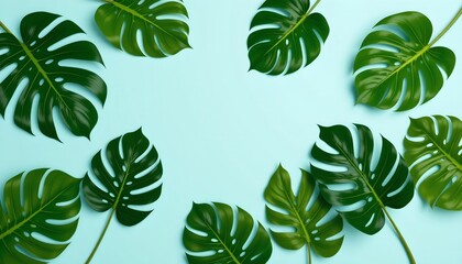 Naklejka premium Lush Monstera Leaves Bright Pastel Turquoise Background