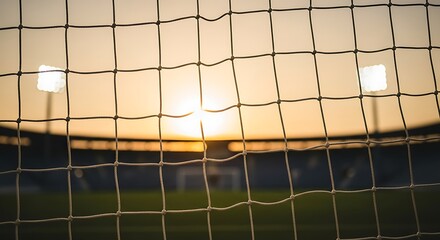 Sports Stadium Goal Net with Setting Sun and Bright Lights in Background Dramatic Outdoor Lighting