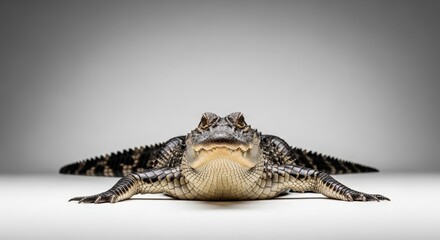 Obraz premium A large alligator lies sprawled on a plain surface viewed from directly above showcasing its textured scaly skin and sharp claws