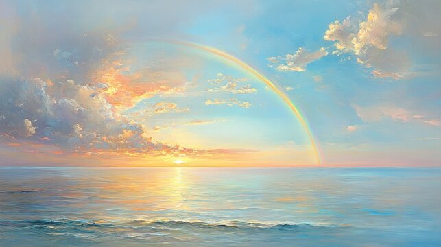 Colorful sunrise/sunset over calm ocean with rainbow