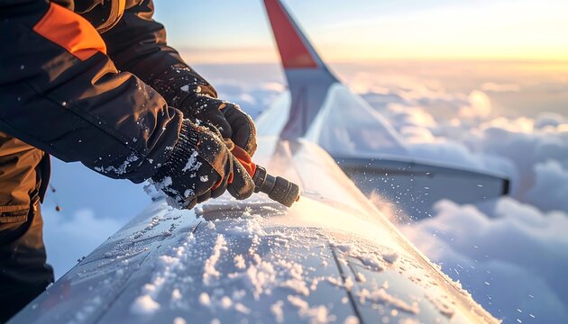Man De-Icing Airplane Wing at Airport.