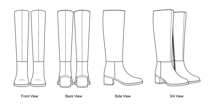 Classic Knee-High Boots Technical Fashion Illustration. Tall Low Block Heel Boot with Multi-View CAD Vector Template.