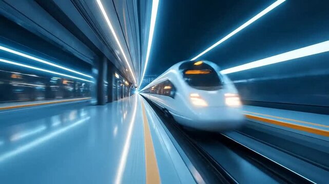 Futuristic high-speed train moving through a tunnel with glowing lights, showcasing modern transportation.
