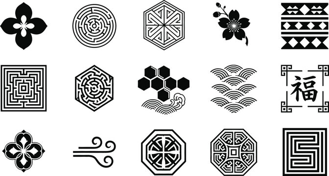 Asian geometric symbols and floral icons collection black vector labyrinth hexagon wave patterns decorative set