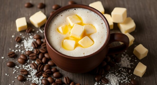 Bulletproof coffee with butter and coffee beans