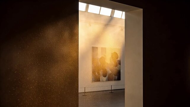 Minimal art gallery exhibition with abstract painting and skylight