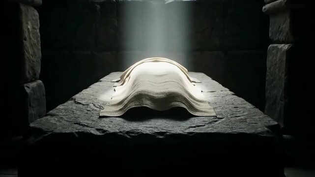 The resurrection of Jesus depicted in a dark tomb scene with stone slab
