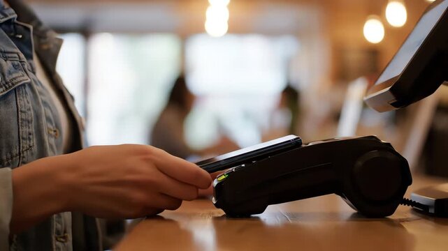 Close-up of a person's hand making a payment with a credit card on a contactless payment terminal on a wooden counter in a blurred indoor setting.