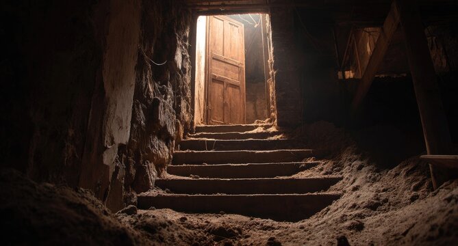 Dusty basement stairs leading to a light-filled doorway