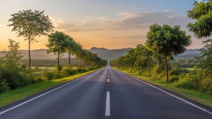 Fototapeta premium Long empty asphalt road stretching toward distant hazy mountains framed by lush green trees bathed in the soft light of a beautiful golden hour sunset sky