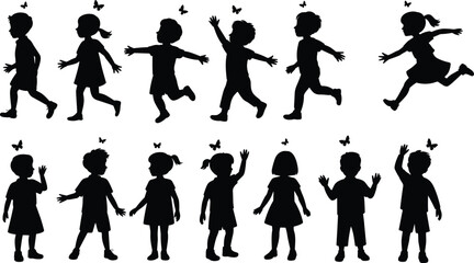Obraz premium Children silhouettes walking, running and playing with butterflies isolated on white background, happy kids outdoor activity, playful childhood concept vector set