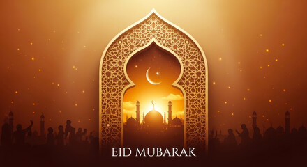 Eid mubarak greeting card with mosque silhouette at sunset