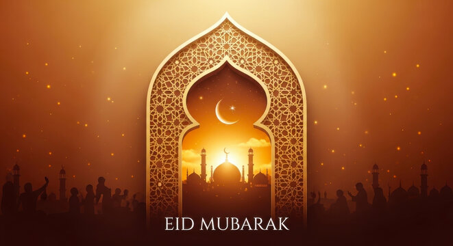 Eid mubarak greeting card with mosque silhouette at sunset