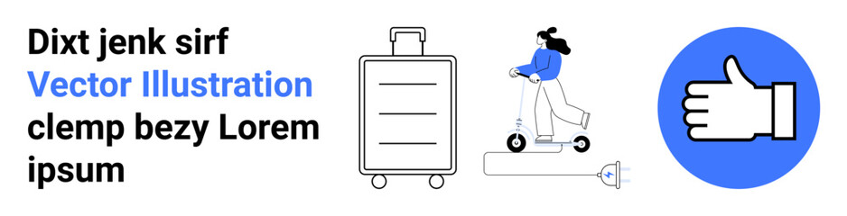 Obraz premium Travel, mobility, eco-friendly transportation, minimalism, modern lifestyle, approval. A suitcase, person on electric scooter and thumbs-up icon. Travel and mobility concepts