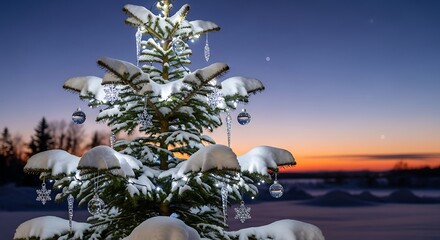 Close up of a beautiful evergreen Christmas tree heavily dusted with fresh white snow and decorated with glowing white lights clear ornaments and snowflake shapes on transparent background
