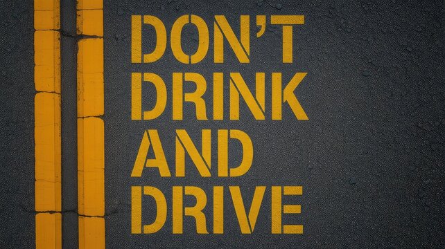 Stenciled urgent public safety message don't drink and drive painted in bright yellow lettering alongside double solid yellow lines on dark asphalt pavement