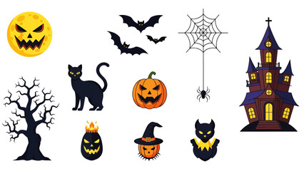 Halloween night scene with pumpkins, bats, a black cat, spider webs, and a haunted house at dusk.