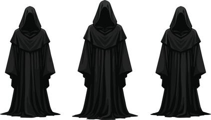 Three mysterious hooded figures in black cloaks, dark fantasy grim reaper characters, spooky medieval robes silhouette, occult cult concept illustration on gray background © Azizul360