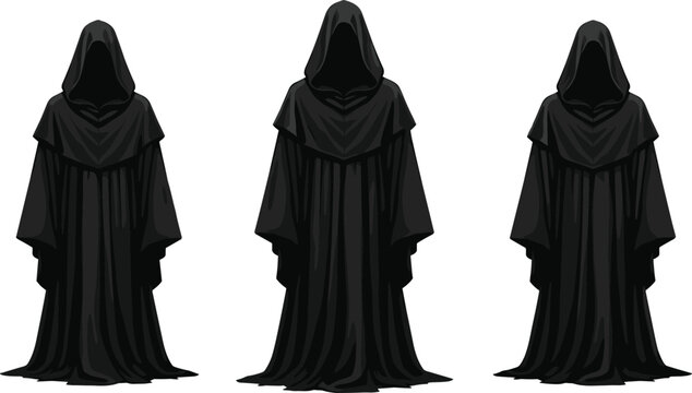 Three mysterious hooded figures in black cloaks, dark fantasy grim reaper characters, spooky medieval robes silhouette, occult cult concept illustration on gray background